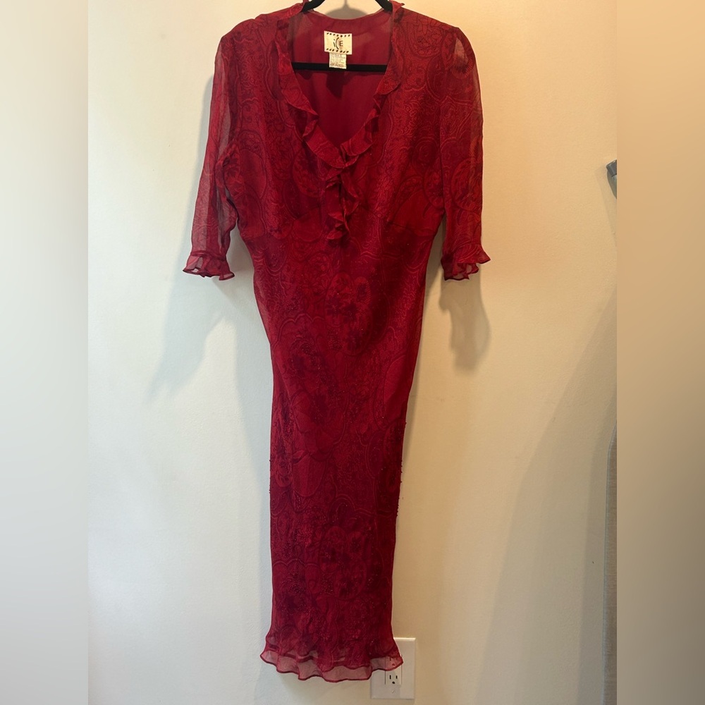 20. Ice Red Ruffled Sheath Dress Flutter Sleeves